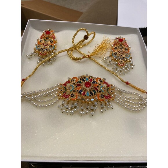 Nauratan Choker Jewelry Set Semi Precious stone Indian Pakistani Bridalwear NWT - Picture 8 of 12